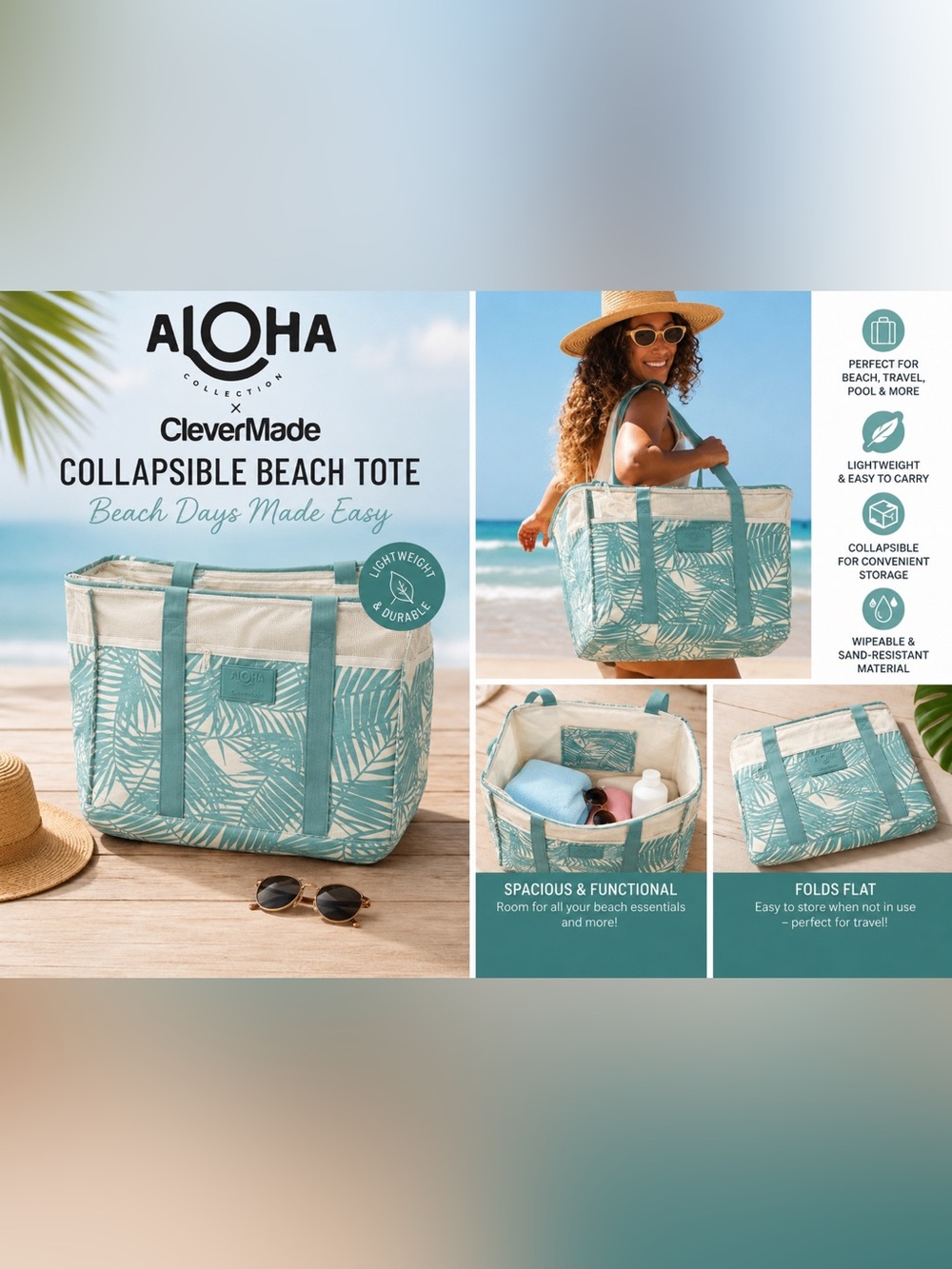 🌴 Aloha Collection CleverMade Collapsible Beach Tote